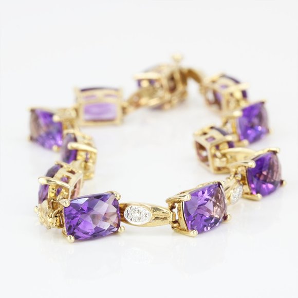 Vintage 10K Yellow Gold Purple Amethyst Diamond Anniversary Birthstone Bracelet - Picture 4 of 9